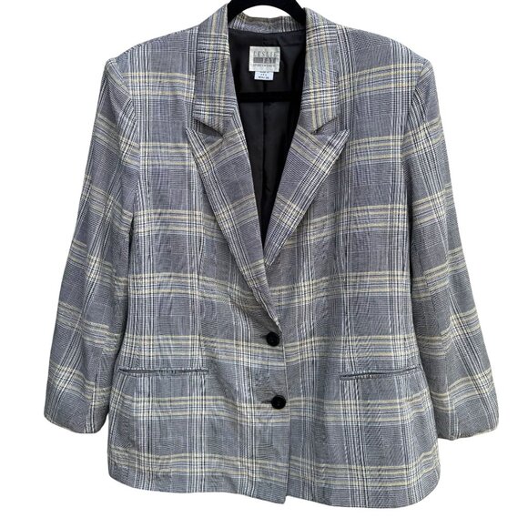 Leslie Fay Vintage 80s Womens Two Button Preppy Plaid Oversized Blazer Jacket 16 - Picture 1 of 10